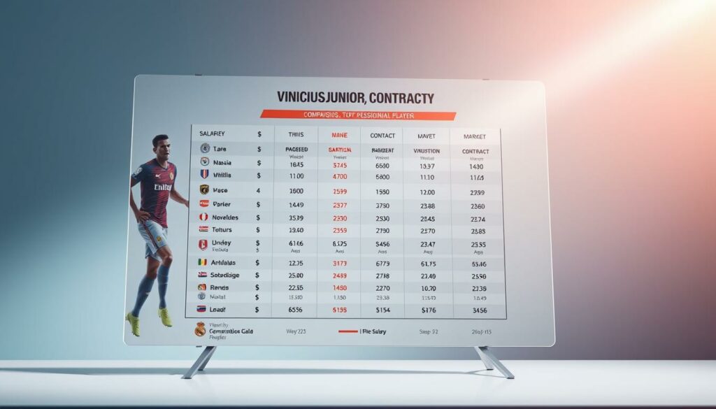 A detailed, high-resolution, photorealistic image of a comprehensive salary comparison between top professional soccer players, showcased on a sleek, modern infographic display. The image should have a clean, minimalist design with a focus on data visualization, displaying key statistics and metrics such as player salaries, contract details, and market values. The background should have a subtle, blurred effect to draw the viewer's attention to the central infographic. Lighting should be soft and natural, with a slight directional light source to create depth and dimension. The overall mood should be informative, data-driven, and visually appealing, reflecting the subject of Vinicius Junior's contract negotiations.