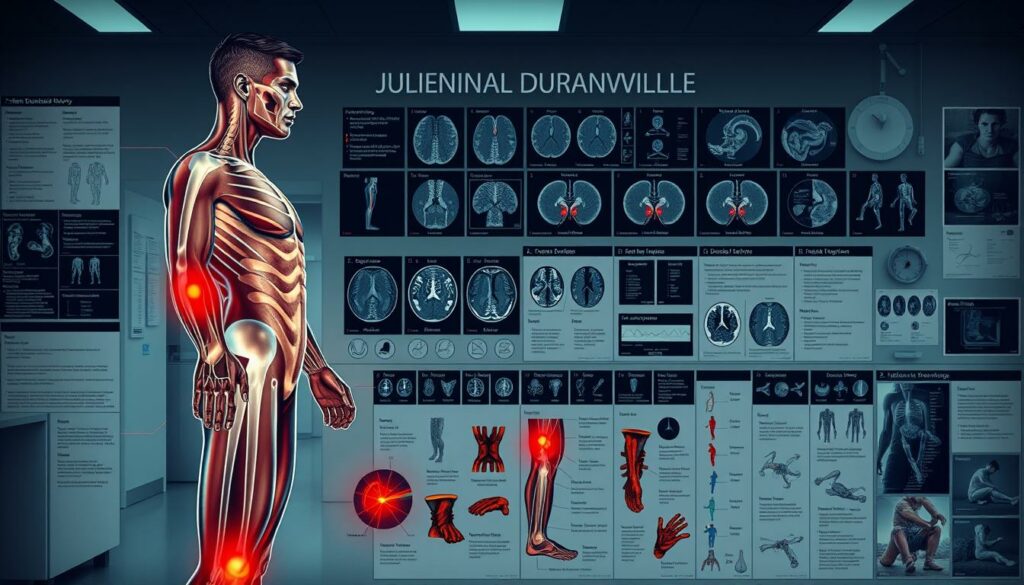 A detailed medical chart depicting Julien Duranville's extensive injury history. The foreground showcases a full-body anatomical illustration of the footballer, with various injury sites highlighted and annotated. The middle ground features x-ray scans, MRI images, and diagnostic reports documenting the nature and severity of each injury. The background is a clinical, sterile environment with hospital equipment and medical paraphernalia, conveying the seriousness and recurrence of Duranville's fitness issues. The overall mood is somber and pensive, emphasizing the challenges the young player has faced in his career thus far. The image should be rendered in a photorealistic style, with a high level of medical accuracy and attention to detail.