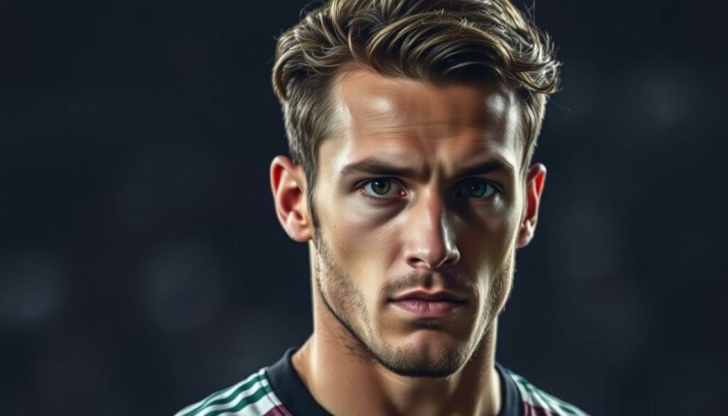 A detailed portrait of Yussuf Poulsen, the Danish footballer, set against a blurred background of a soccer field. Poulsen's face is illuminated by soft, directional lighting, capturing his determined expression and piercing gaze. His muscular build and athletic stance suggest his physical strengths, while a subtle wistful undertone conveys the nuances of his playing style and potential areas for improvement. The composition emphasizes Poulsen's central role, with the field behind him hinting at the broader context of his career and the challenges he may face in a new team. The overall mood is one of contemplation, inviting the viewer to consider Poulsen's unique blend of attributes and how they might benefit the HSV.