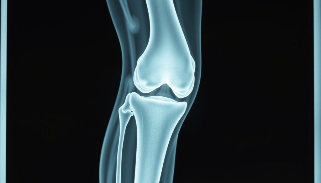 A detailed x-ray image of a human knee joint, highlighting the bone structure, ligaments, and cartilage. The image has a clinical, diagnostic aesthetic, with a muted color palette and high contrast to emphasize the anatomical details. The lighting is soft and even, creating clear shadows and highlights to reveal the complex structure of the joint. The camera angle is slightly elevated, giving a clear view of the entire knee joint. The mood is one of professional medical scrutiny, conveying the gravity and importance of the diagnostic process.