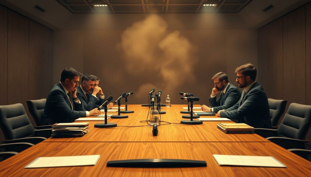 A dimly lit conference room, the air thick with anticipation. Expertenmeinungen, or expert opinions, take center stage on a sleek wooden table, surrounded by microphones and notebooks. The lighting is warm and focused, casting a soft glow on the assembled analysts, their faces deep in thought as they ponder the transfer of a talented young player. The scene exudes a sense of weight and importance, hinting at the gravity of the decisions being made. In the background, a subtle haze adds depth and atmosphere, while the muted colors and minimalist design create a sense of professionalism and authority.