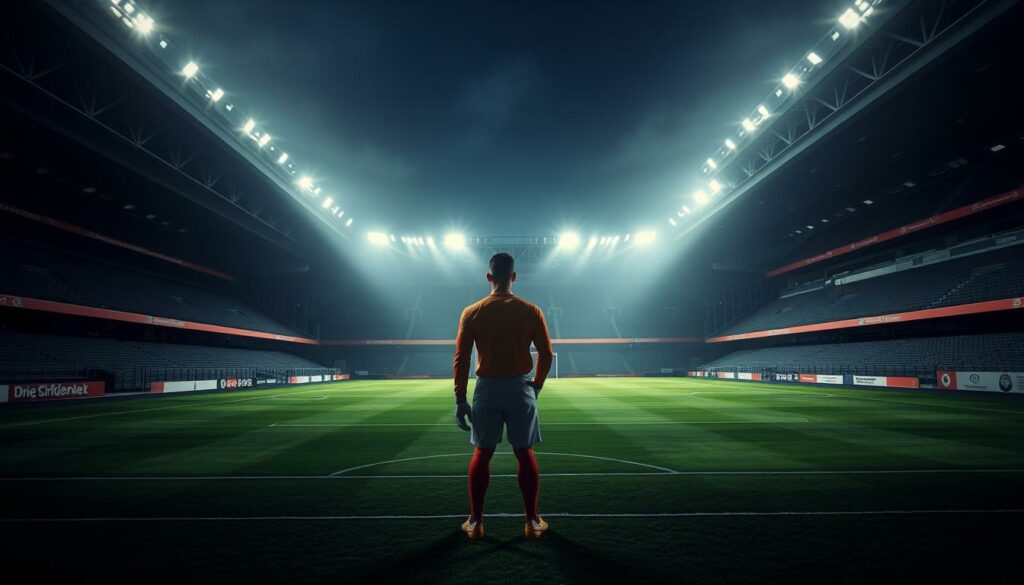 A dimly lit football stadium, the floodlights casting long shadows across the empty pitch. In the foreground, a solitary goalkeeper stands, his gloved hands gripping the ball as he scans the field, his expression pensive. The stands are empty, an air of uncertainty hanging over the scene. In the background, the team's crest and colors are visible, hinting at the club's identity and the stakes at hand. The atmosphere is tense, conveying the "Torhüter-Problem" faced by the club - the challenge of finding a reliable and consistent goalkeeper to defend their goal. The image should evoke a sense of anticipation and the need for a solution to this pressing issue.