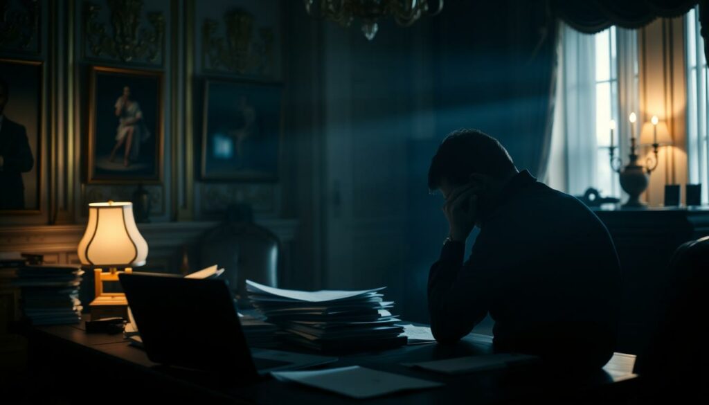 A dimly lit office interior, the muted glow of a desk lamp casting shadows across a cluttered workspace. Scattered documents, a laptop, and a solitary figure deep in contemplation, their face obscured, lost in the weighty considerations of a pivotal career decision. The backdrop suggests the opulence of a high-level executive suite, but the mood is one of introspection and unease, hinting at the complex personal and professional factors behind the departure from a prestigious football club. Dramatic chiaroscuro lighting emphasizes the pensive atmosphere, inviting the viewer to imagine the unseen narratives and confidential deliberations that shaped this transition.