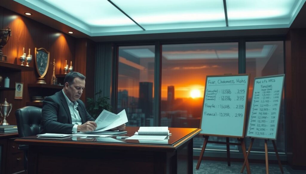 A dimly lit office, the walls adorned with trophies and plaques. In the foreground, two executives sit at a mahogany desk, their expressions pensive as they review financial documents. The middle ground features a large whiteboard, filled with calculations and figures, a tangible representation of the financial hurdles at hand. In the background, a window overlooking the city skyline, the setting sun casting an amber glow, symbolizing the looming challenge of the HSV transfer deal. The scene exudes a sense of tension and high-stakes decision-making, reflecting the delicate nature of the financial obstacles that must be navigated.