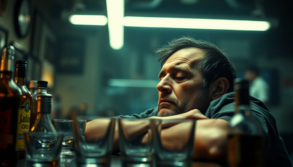 A disheveled man, once a celebrated football star, now slumped in a dimly lit bar, empty glasses and liquor bottles surrounding him. The harsh fluorescent lighting casts an unflattering glow, emphasizing the lines of despair etched on his face. The background is a hazy, blurred scene, conveying a sense of isolation and the downward spiral of his once-promising career. The mood is somber, with a touch of melancholy, reflecting the tragic fall from grace. The angle is slightly tilted, adding to the unsettling atmosphere. The focus is on the man, the centerpiece of this fallen hero's story.