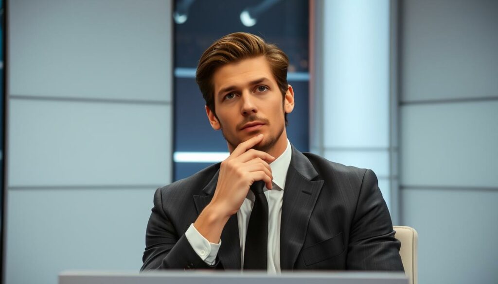 A distinguished former soccer player, Mats Hummels, sits thoughtfully in a modern television studio, his focused gaze directed towards the camera. Dressed in a sharp suit, he exudes an authoritative presence, ready to impart his expert analysis and insights to the viewers. The studio's sleek, minimalist design, with its neutral tones and subtle lighting, provides a sophisticated backdrop, allowing Hummels' thoughtful expression and body language to take center stage. The camera angle captures him from a slightly elevated perspective, conveying a sense of his expertise and command of the subject matter. The overall atmosphere is one of professionalism, knowledge, and the anticipation of a engaging commentary on the sport he once dominated as a player.