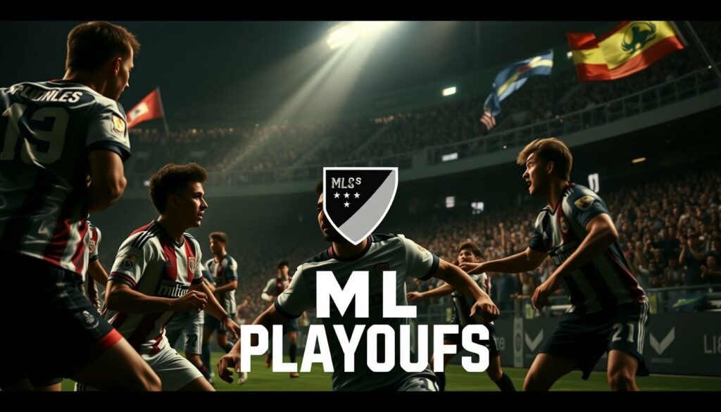 A dramatic and dynamic scene depicting the current performance of players in the MLS playoffs. The foreground features a group of athletes in their respective team uniforms, engaged in an intense match, with their faces and bodies captured in a dramatic, high-contrast lighting that highlights their determination and athleticism. The middle ground showcases the energy and excitement of the crowd, with spectators cheering and waving flags in support of their teams. The background presents a glimpse of the stadium's architecture, creating a sense of scale and grandeur. The overall composition conveys the high-stakes, edge-of-your-seat atmosphere of the MLS playoffs, with a cinematic, photorealistic style that effectively captures the essence of the event.