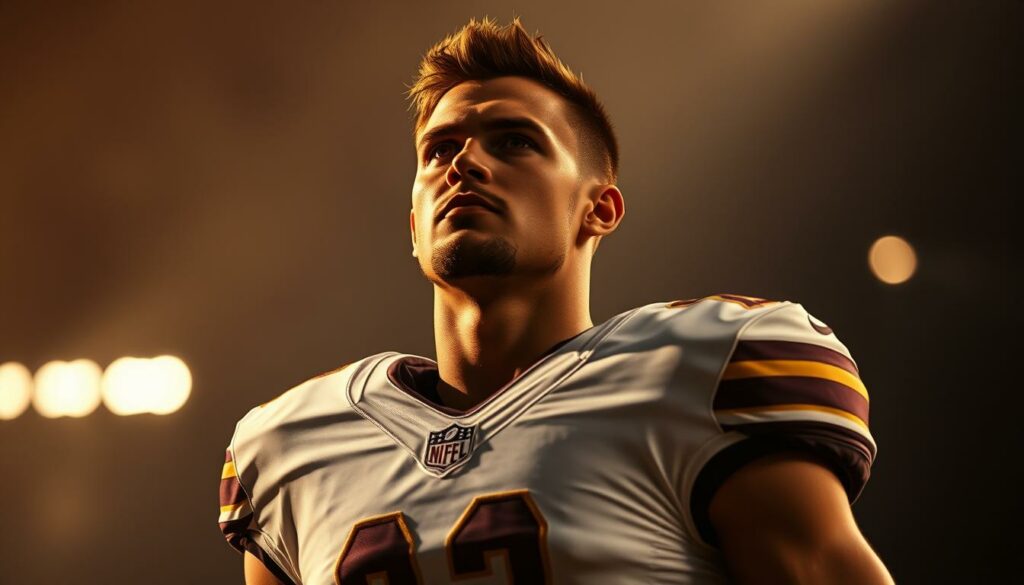 A dramatic, cinematic portrait of a confident, determined football player standing tall, gazing intensely into the distance. Warm, golden lighting illuminates their face, casting dramatic shadows and highlights their strong, resolute expression. The player's uniform is crisp and pristine, conveying a sense of professionalism and skill. The background is blurred, placing the focus entirely on the player's powerful presence and unwavering sense of purpose. The overall mood is one of determination, resilience, and the unwavering spirit of a true superstar.