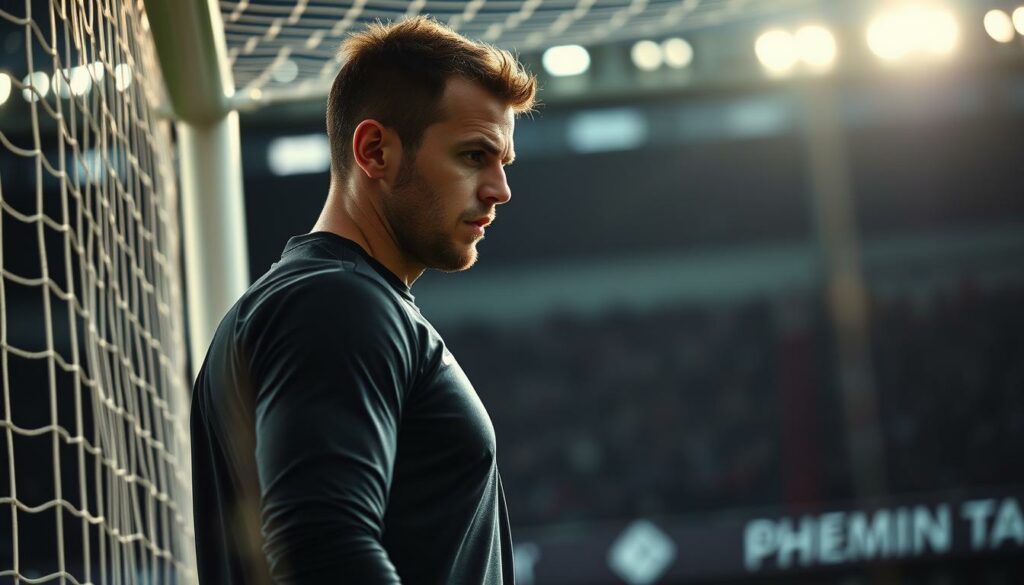 A dramatic, high-angle shot of a German Bundesliga goalkeeper, caught in a moment of intense decision-making. The player stands in the penalty box, brow furrowed, eyes focused, as he assesses the unfolding play. The scene is illuminated by bright, directional lighting, creating sharp shadows and highlights that accentuate the athlete's tense, muscular form. The background is blurred, drawing attention to the goalkeeper's resolute stance, the tension in his posture reflecting the "Systemkonflikt" he faces. The overall atmosphere conveys a sense of uncertainty and the weight of responsibility on the player's shoulders.