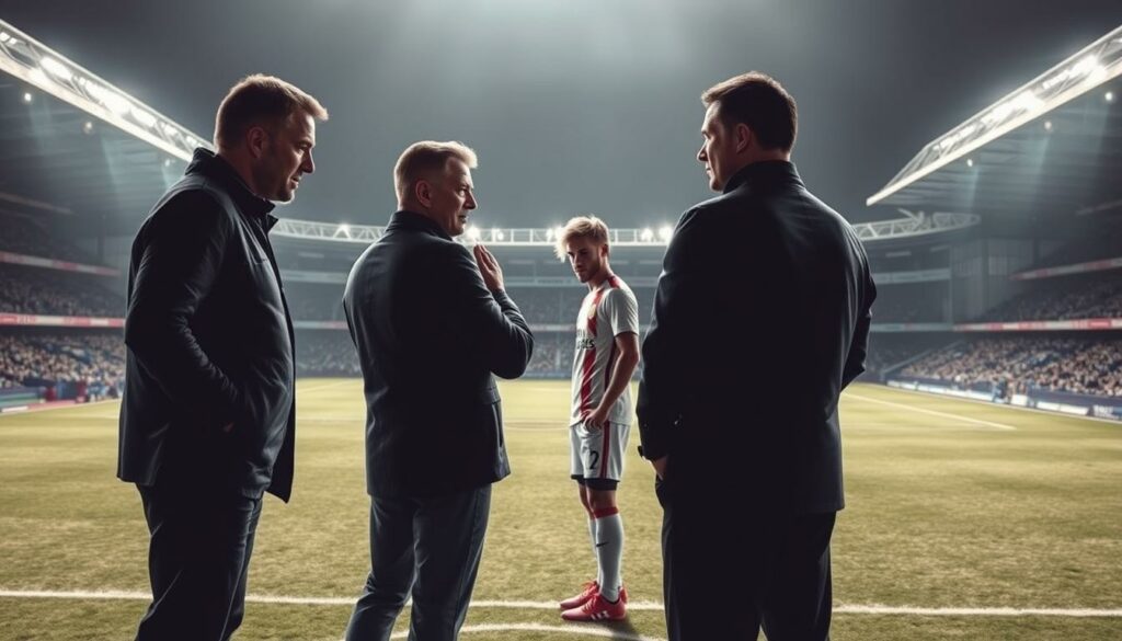 A dramatic scene unfolding on a football pitch, capturing the complex emotional and strategic impact of a high-profile player transfer. In the foreground, two team managers engaged in an intense discussion, their gestures and expressions conveying the weight of the decision. The middle ground features the transferring player, caught in a moment of uncertainty, glancing between the two clubs. The background showcases the stadiums of both teams, their iconic architecture and branding hinting at the broader organizational implications. Dramatic lighting casts dynamic shadows, heightening the sense of tension and anticipation. The overall mood is one of high stakes, with an underlying current of melancholy as the transfer disrupts the established order of the sport.
