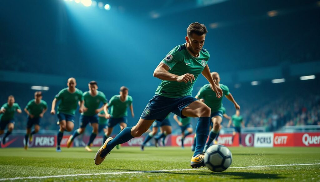 A dynamic, fast-paced football player, Offensivspieler Tempo, dribbles with precision through a sea of defenders. Captured in a low-angle shot, his muscular frame and unwavering focus are highlighted by dramatic lighting that casts dynamic shadows. The background blurs, drawing the viewer's attention to the player's nimble footwork and explosive acceleration as he navigates the pitch. Shades of emerald green and royal blue evoke the energy and intensity of the game, while a cinematic depth of field adds a sense of drama and tension to the scene. This image perfectly encapsulates the strengths and talents of Rayan Philippe, showcasing his ability to create scoring opportunities through his exceptional speed, skill, and decision-making.