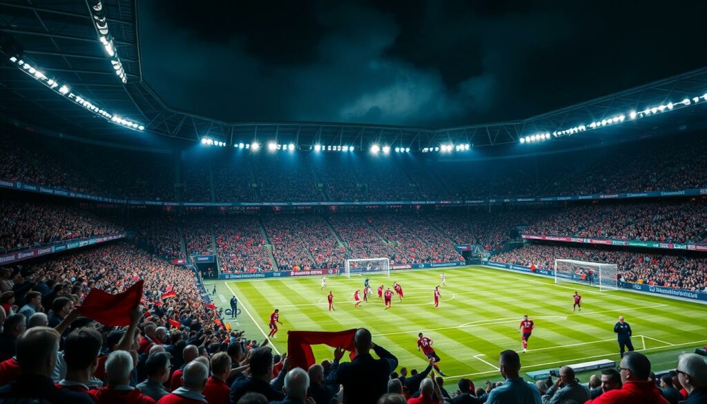 A dynamic football stadium, the Bundesliga's intense atmosphere palpable. Fans passionately cheer, their scarves and jerseys a vibrant tapestry. On the pitch, players push themselves to the limit, battling for possession amidst a sea of tension and determination. Floodlights cast a dramatic glow, highlighting the physicality and skill of the game. In the stands, coaches and managers analyze every move, their faces etched with the weight of the challenges they face. This is the Bundesliga, where triumph and heartbreak coexist, where the pursuit of glory is tempered by the relentless demands of one of the world's most competitive leagues.