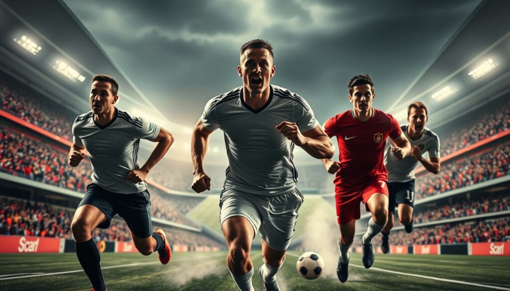 A dynamic group portrait of the fastest players in Bundesliga history, captured in a dramatic sports stadium setting. The foreground features five elite footballers in full motion, their muscular physiques and intense expressions conveying raw power and speed. Backlighting illuminates their athletic silhouettes, with blurred motion trails trailing behind. The middle ground showcases the expansive stadium, filled with cheering fans in vibrant team colors. The background is a sweeping, high-contrast skyline of a modern German city, hinting at the national significance of these record-breaking players. The lighting is cinematic, with deep shadows and highlights emphasizing the athletes' athleticism. The overall mood is one of excitement, prestige, and the sheer thrill of top-level competition.