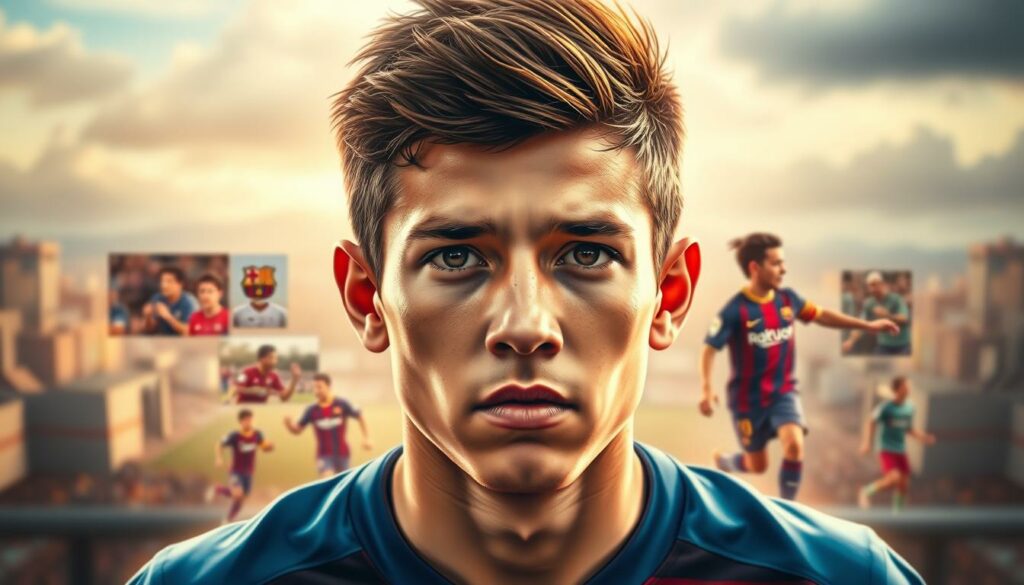 A dynamic, photorealistic illustration of Riqui Puig's career progression. In the foreground, a close-up portrait of Puig, his youthful, determined expression conveying his ambition. Behind him, a series of chronological scenes depicting key moments - from his early days in La Masia, Barcelona's esteemed youth academy, to his breakout performances for the first team, culminating in his recent transfer to the LA Galaxy. The background is a blurred, cinematic cityscape, hinting at the global stage on which his career has unfolded. Warm, natural lighting illuminates the composition, creating a sense of depth and drama. The overall tone is one of hard-earned success and the relentless pursuit of a dream.