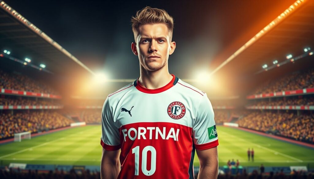 A dynamic portrait of Christian Rasmussen, the newly acquired midfielder for Fortuna Düsseldorf, set against the backdrop of the club's iconic stadium. Rasmussen, with a determined expression, stands in the foreground, his Fortuna jersey number "10" prominently displayed. The middle ground features the club's crest and signage, while the background showcases the stadium's grandstand, bathed in warm, golden lighting that evokes a sense of energy and anticipation. The scene conveys a narrative of Rasmussen's arrival, his integration into the Fortuna team, and the enthusiasm of the club's supporters.