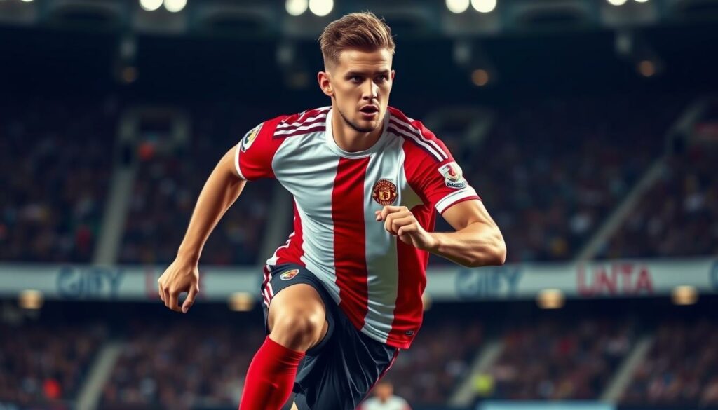 A dynamic portrait of Palko Dardai in action, showcasing his development as a footballer. Set against a blurred stadium backdrop, Palko is captured mid-stride, his powerful legs driving him forward with determination. His focused expression and intense gaze convey his competitive spirit, while the dramatic lighting and shallow depth of field draw the viewer's attention to the subject. The image should exude a sense of momentum and potential, hinting at Palko's promising future and the perspectives that lie ahead of him.