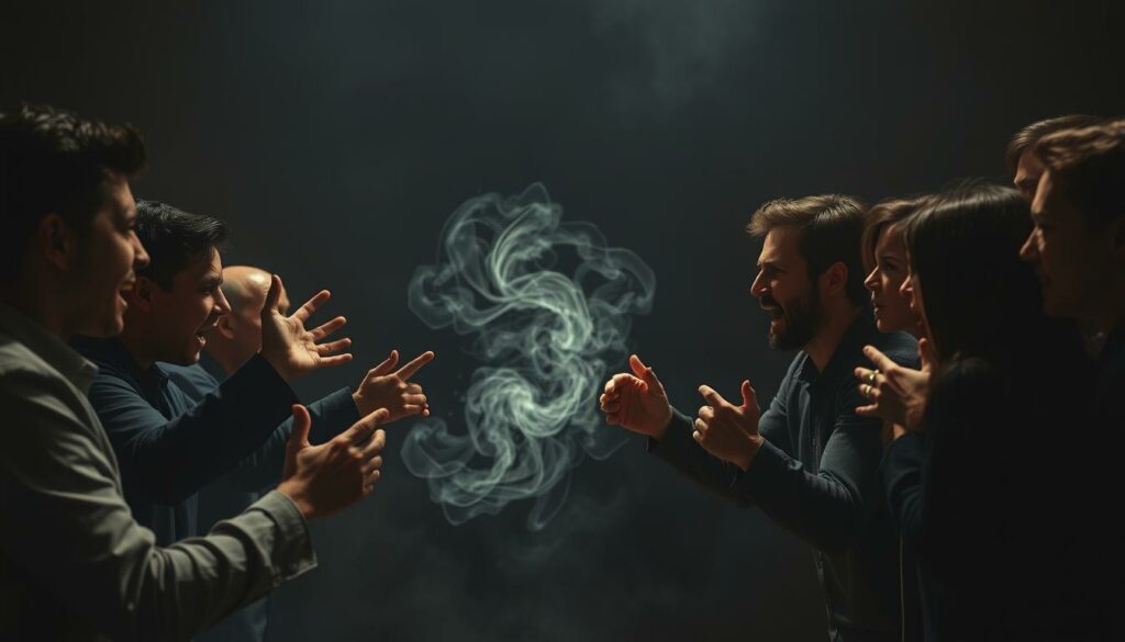 A dynamic scene depicting emotional reactions and energy transfer between multiple figures. In the foreground, a group of individuals gesticulating with intensity, their facial expressions and body language conveying a range of emotions such as surprise, frustration, and determination. The middle ground features a swirling, abstract energy field, visualizing the palpable emotional intensity and the transfer of sentiments between the figures. The background is dimly lit, creating a moody, contemplative atmosphere that amplifies the emotional gravity of the scene. Dramatic chiaroscuro lighting and a cinematic, three-quarter angle perspective heighten the drama and tension. The overall composition and color palette evoke a sense of drama, significance, and the high-stakes nature of the emotional reactions being portrayed.