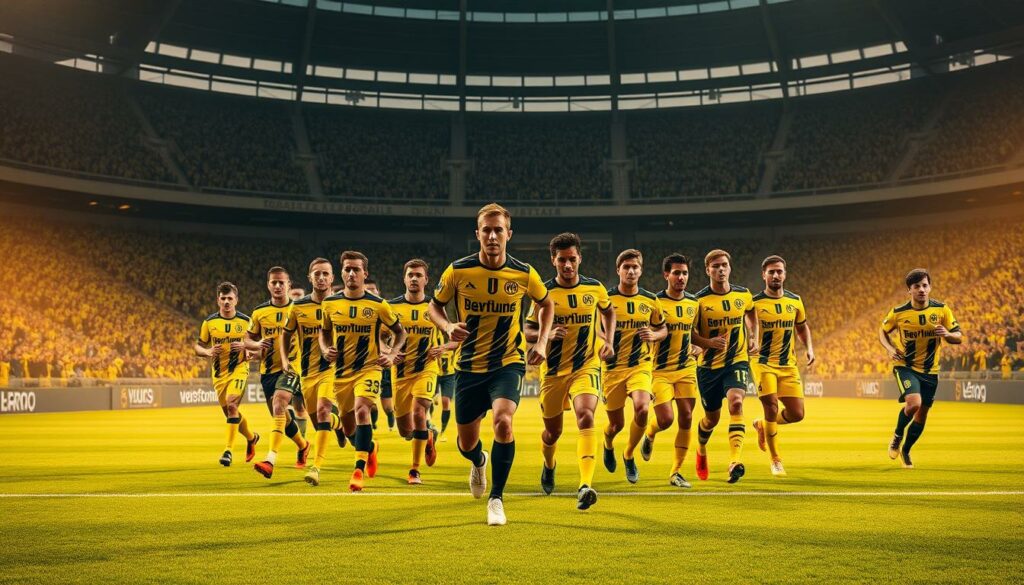 A dynamic, tightly-knit Borussia Dortmund squad, filled with determination and camaraderie, stands resolute on the pitch. In the foreground, players stride purposefully, their faces etched with focus and unity. The middle ground captures the team in fluid, coordinated movement, each individual seamlessly integrated into the collective. In the background, the iconic Westfalenstadion looms, its towering stands and passionate fans serving as a backdrop to the team's unwavering spirit. Warm, golden light bathes the scene, imbuing it with a sense of resilience and togetherness. This is Borussia Dortmund's Mannschaftsdynamik - a testament to the power of a closely-knit, resilient squad.