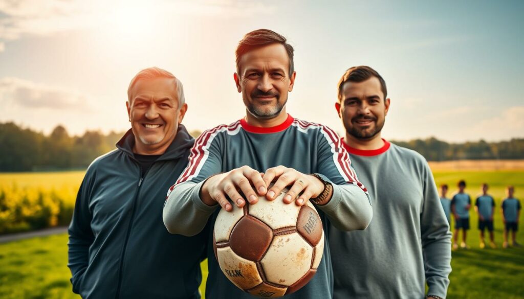 A family portrait showcasing the Dardai football dynasty. In the foreground, the three Dardai brothers - Palko, Szabolcs, and Akos - stand together, their expressions radiating pride and determination. They are dressed in casual sportswear, their hands resting on a worn soccer ball, hinting at the lifelong passion that unites them. In the middle ground, a backdrop of lush greenery and a sunlit field, evoking the idyllic setting where their football journey began. In the background, faint silhouettes of younger generations of Dardais, suggesting the continuation of this storied legacy. The lighting is warm and natural, casting a soft glow over the scene, capturing the familial bond and the enduring spirit of this football dynasty.