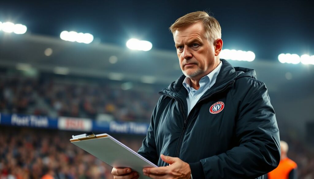 A focused and intense head coach Merlin Polzin stands confidently on the sidelines of a well-lit HSV stadium, clipboard in hand, studying the match unfolding before him. His gaze is intense, his brow furrowed, as he analyzes the game strategy and makes tactical decisions to guide his team to victory. The scene conveys a sense of high-stakes determination, with the stadium backdrop providing a vivid stage for Polzin's role as the driving force behind HSV's success. The image should capture the essence of Polzin's strategic leadership and his critical importance to the team's performance.