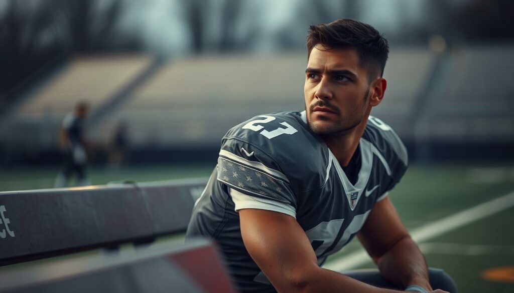 A football player sits on a bench, their shoulder wrapped in bandages, conveying a sense of chronic injury. The lighting is soft and muted, casting a melancholic atmosphere. The player's expression is pensive, reflecting the prolonged nature of their shoulder problems. In the background, a blurred training field suggests the player's desire to return to the game, but also the ongoing challenge of their condition. The scene is captured with a medium-to-close lens, emphasizing the player's focus and the gravity of their situation.