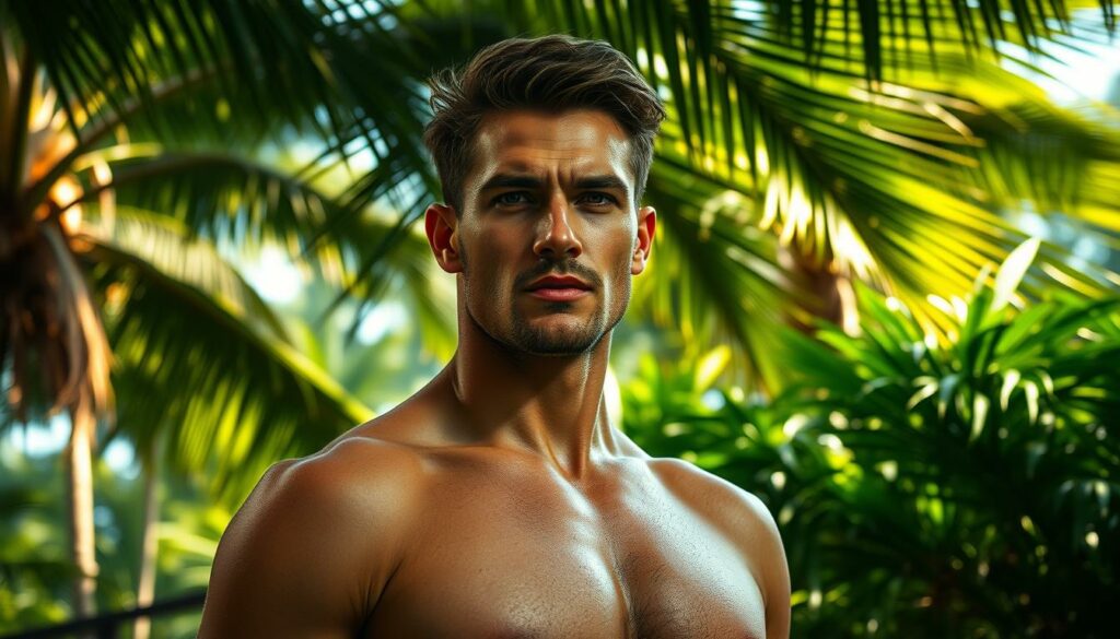 A former soccer star stands in the lush, verdant setting of the "Dschungelcamp" (Jungle Camp) reality TV show, his confident posture and rugged good looks commanding attention. Bright, natural lighting from above illuminates his tanned, muscular frame, casting dramatic shadows that accentuate his chiseled features. The background is a vibrant, dense jungle canopy, with towering palm trees and lush, tropical foliage creating an immersive, almost cinematic atmosphere. The soccer star's gaze is focused, his expression a mix of determination and a hint of mischief, as he prepares to take on the challenges of this notorious reality show, marking a new chapter in his eventful life after the glories of the pitch.