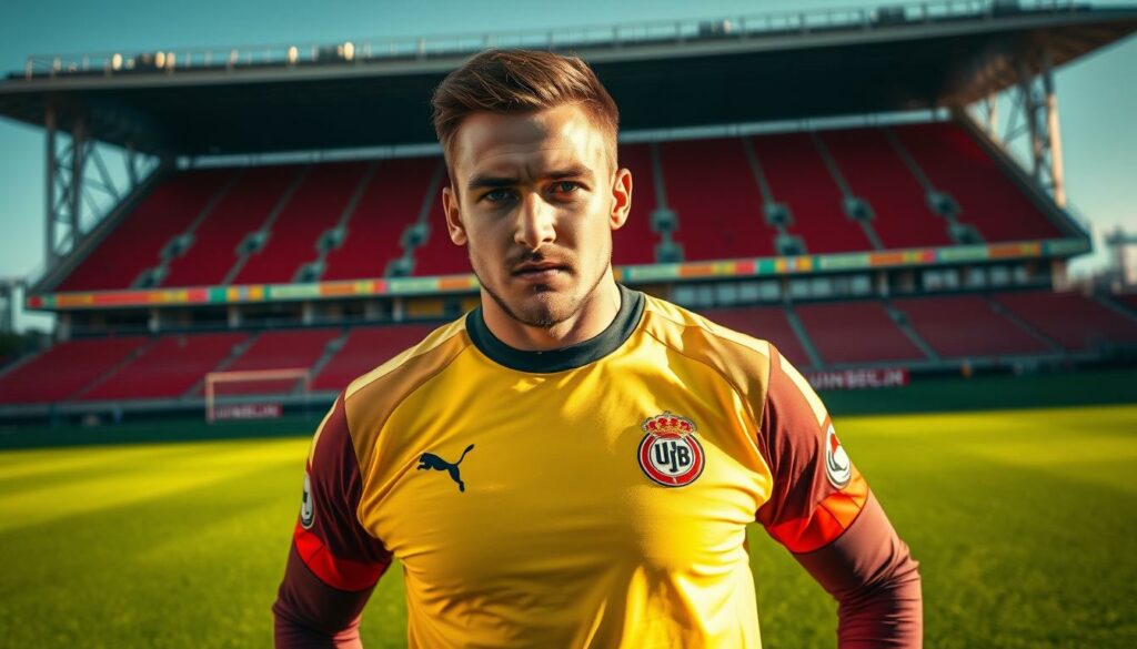 A goalkeeper in the Union Berlin jersey stands tall and imposing, their gaze focused and determined. The bright green grass of the pitch stretches out behind them, with the iconic Union Berlin stadium in the background, its distinctive architecture and red seats visible. The lighting is natural, casting warm shadows across the goalkeeper's features, highlighting the intensity in their eyes. The camera angle is slightly low, emphasizing the player's stature and commanding presence on the field. The overall mood is one of strength, professionalism, and the pride of playing for this historic Bundesliga club.