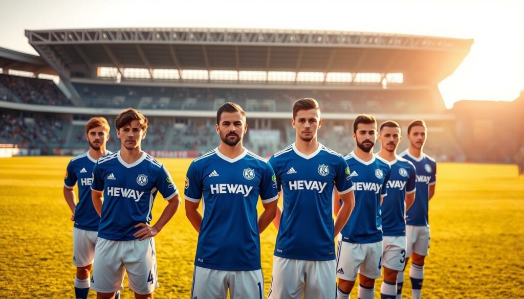 A group of key HSV (Hamburger SV) players standing confidently on a lush, verdant pitch, bathed in warm, golden afternoon sunlight. In the foreground, the team's star striker and playmaker, their faces focused and determined, wearing their iconic blue and white uniforms. In the middle ground, the reliable defensive stalwarts and midfield dynamos, united in purpose. The background features the iconic Volksparkstadion, the team's historic home ground, with its bold, modern architecture and passionate fans visible in the stands. An air of anticipation and resolve permeates the scene, capturing the essence of the revitalized HSV squad poised for a triumphant Bundesliga campaign.