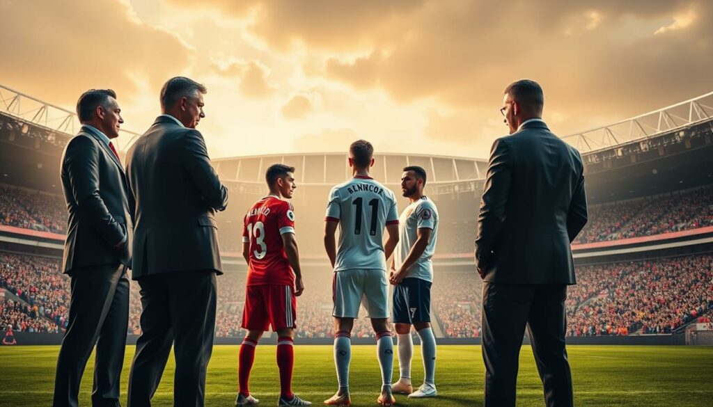A heated transfer battle over Konstantelias rages on, as Benfica and VfB Stuttgart vie for the prized talent's signature. In the foreground, the club officials stand resolutely, locked in tense negotiations, their body language reflecting the high stakes. The middle ground captures the players themselves, caught in a moment of contemplation, the weight of the decision palpable on their faces. In the background, the stadiums of both teams loom, their iconic architecture serving as a backdrop to the unfolding drama. The scene is bathed in a warm, golden light, conveying a sense of importance and gravity. Tension fills the air, as the future of Konstantelias hangs in the balance.