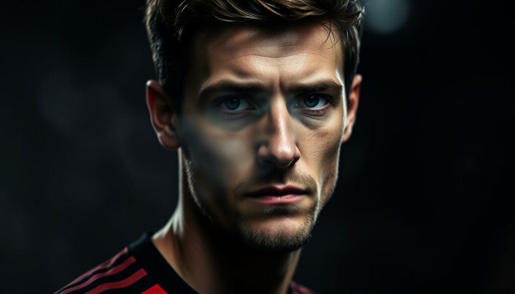A high-contrast, close-up photograph of the charismatic German football player Thomas Müller, his face half-obscured by a cloud of transfer rumors and speculation, set against a blurred, moody backdrop hinting at the uncertainty surrounding his future. Dramatic chiaroscuro lighting casts deep shadows, emphasizing the pensive, introspective expression on Müller's face as he contemplates the next chapter of his illustrious career. The image radiates a sense of tension and anticipation, capturing the essence of the "Die heißesten Gerüchte um Thomas Müllers Zukunft" section of the article.