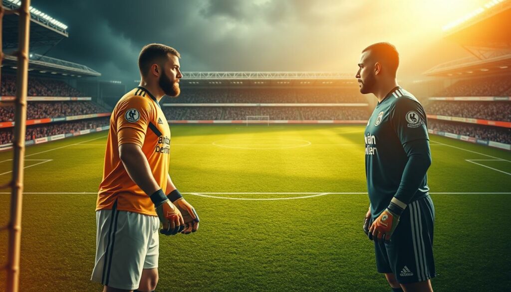 A high-contrast, photorealistic image of two professional soccer goalkeepers from Union Berlin, standing face-to-face in a dramatic standoff at the center of a meticulously rendered soccer pitch. The foreground showcases the intense rivalry between the two players, their uniforms and equipment captured in striking detail. The middle ground features the lush green turf, precisely marked lines, and the Union Berlin stadium looming in the background, bathed in warm, cinematic lighting that emphasizes the gravity of the moment. An atmosphere of fierce competition and anticipation pervades the scene, capturing the essence of the "Konkurrenz zwischen den Pfosten" between these two talented athletes.