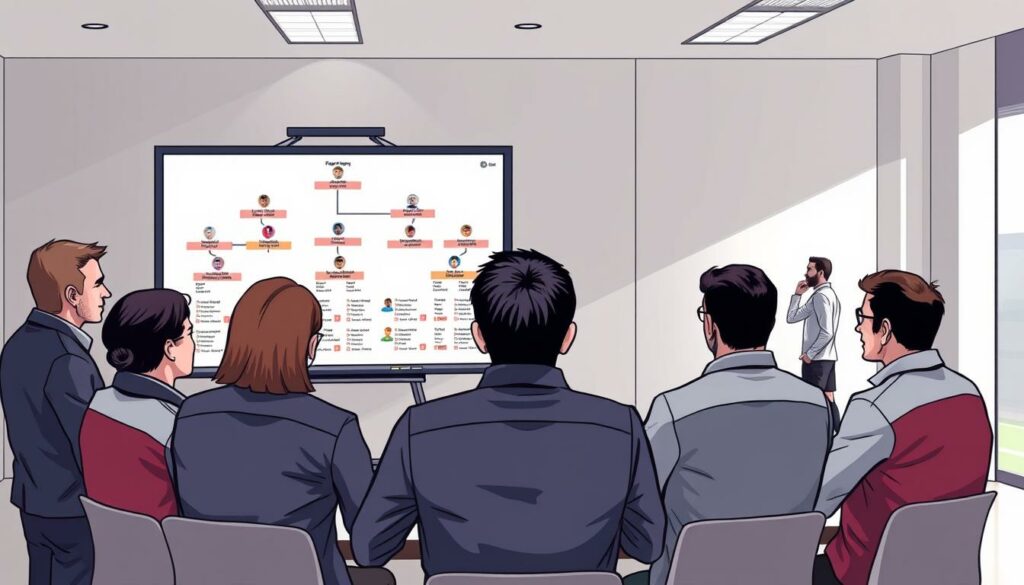 A high-quality, detailed illustration of a soccer team's roster planning process. In the foreground, a large whiteboard or digital display shows a hierarchical diagram of the team's player roster, with positions, names, and contract details clearly visible. In the middle ground, a group of soccer coaches and executives are gathered around the board, engaged in animated discussion. The background features a modern, minimalist office setting with clean lines, subtle lighting, and muted colors that convey a sense of professionalism and strategic decision-making. The overall mood is one of focused deliberation, with a touch of anticipation as the team plans for the upcoming season.