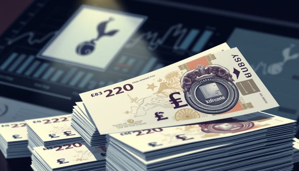 A high-quality illustration of the financial details of Kudus' transfer to Tottenham. A close-up view of stacks of British pounds, crisp and well-lit, with a sleek, modern design. In the background, subtle financial charts and graphs provide additional context. The lighting is soft and directional, casting subtle shadows that add depth and dimension to the scene. The overall mood is one of precision, professionalism, and the complexities of modern football finance.