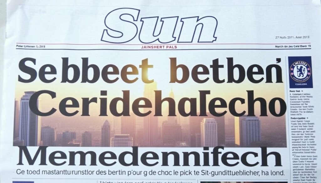 A high-quality newspaper front page with a prominent headline "Sun Bericht Chelsea Medienecho" set against a backdrop of a sun-drenched city skyline, reflecting the international attention and media coverage surrounding the Chelsea football club. The image has a crisp, professional layout with clean typography, balanced composition, and a warm, vibrant color palette that evokes a sense of energy and excitement. The overall aesthetic conveys a feeling of authoritative, well-researched journalism covering a major sports story of global significance.