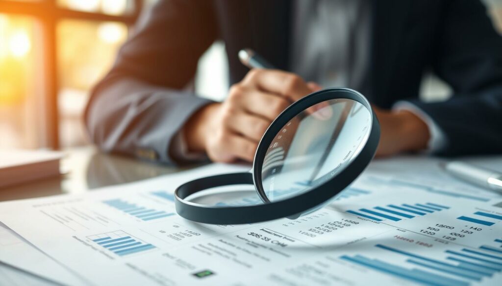A high-resolution financial analysis document, backlit and slightly blurred, displaying complex charts, graphs, and numerical data. The foreground features a magnifying glass hovering over the page, emphasizing the detailed examination of the financial details. The middle ground showcases a businessman's hands holding a pen, symbolizing the negotiation and decision-making process. The background is a softly defocused office environment, with a sense of professionalism and attention to financial matters.