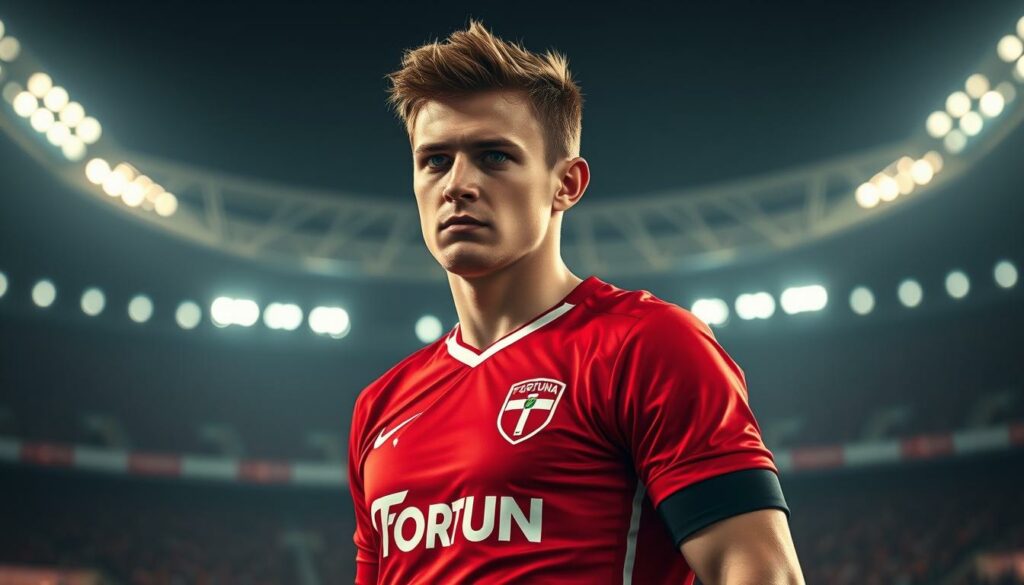 A high-resolution, hyper-realistic image of Christian Rasmussen, the young Danish forward, standing tall in the jersey of Fortuna Düsseldorf. He is positioned on the right wing, his face in sharp focus, determination etched across his features. The background is a blurred, moody depiction of the Düsseldorf stadium, with the stands and floodlights creating a dramatic, cinematic atmosphere. The lighting is soft and natural, casting warm hues across Rasmussen's face and the vibrant Fortuna crest on his jersey. The overall composition is balanced and visually striking, capturing the essence of Rasmussen's role and importance within the Fortuna team.
