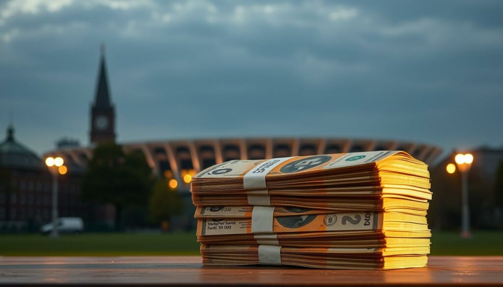A high-resolution image of a stack of crisp, freshly-printed bank notes against a backdrop of the iconic Hamburger Stadtpark, with the striking silhouette of the Volksparkstadion, home of Hamburger SV, standing tall in the distance. The lighting casts a warm, golden glow, adding a sense of prestige and significance to the scene. The focus is on the stack of bills, conveying the financial magnitude of the record-breaking transfer fee, while the stadium in the background symbolizes the club's history and importance. The overall composition and atmospheric treatment suggest the gravity and significance of this momentous financial transaction.