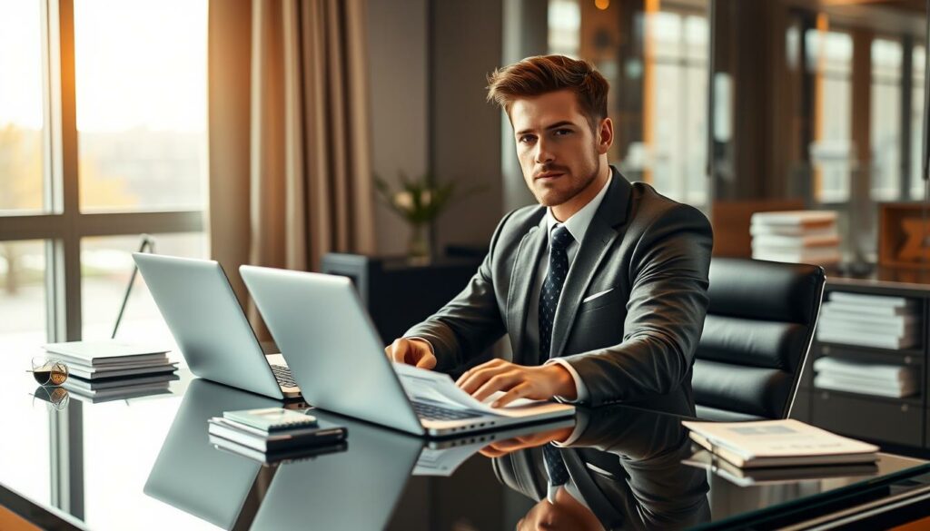 A high-resolution, photorealistic image of Mario Götze's wealth and business ventures. Set in a modern, stylish office environment, Götze is seated at a sleek glass desk, surrounded by financial documents, a laptop, and other symbols of his successful career. Soft, warm lighting illuminates the scene, casting subtle shadows and highlights to create depth and dimension. The overall tone is one of sophistication and affluence, reflecting Götze's status as a wealthy and influential figure in the world of football.