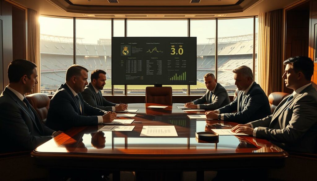 A high-stakes negotiation takes place in the opulent offices of Real Madrid. In the foreground, the club's executive team sits around an elegant mahogany table, expressions intense as they devise their strategy. The lighting is warm and focused, casting dramatic shadows that convey the gravity of the situation. In the middle ground, a large display screen shows detailed financial projections and player contract details, the data informing their every decision. The background is a panoramic view of the Santiago Bernabéu stadium, a constant reminder of the club's prestige and the stakes at hand. An aura of determination and calculated precision permeates the scene, as Real Madrid navigates this critical contractual impasse.