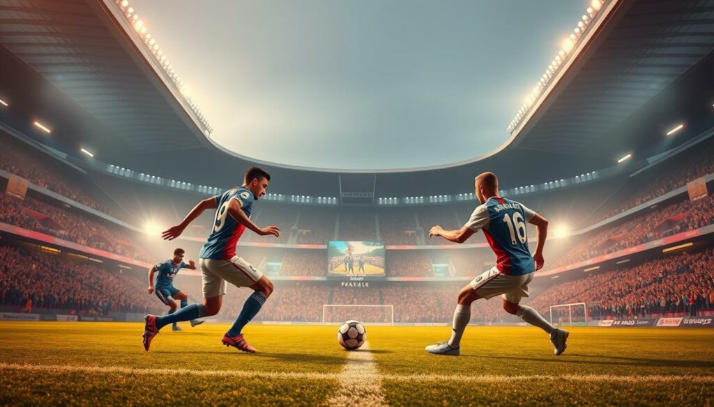 A high-stakes quarter-final match in the Club World Cup, featuring two European powerhouses facing off on a grand stage. In the foreground, the players engage in an intense battle, their movements captured in dynamic poses as they fight for possession of the ball. The middle ground showcases the grand, modern stadium, its architecture a mix of sleek lines and towering structures that frame the action. Sweeping camera angles capture the electric atmosphere, with the crowd's fervent cheers and the floodlights casting a warm, cinematic glow over the entire scene. The background fades into a hazy, atmospheric landscape, hinting at the global significance of this prestigious tournament. The overall tone is one of high-stakes drama, with a sense of anticipation and the potential for an unforgettable, historic match.