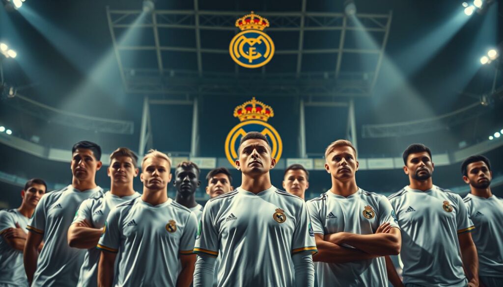 A majestic stadium backdrop, with the iconic Real Madrid crest prominently displayed. In the foreground, a group of anxious players in their pristine white and gold uniforms, faces etched with concern. The lighting is dramatic, casting deep shadows that heighten the tension. The camera angle is slightly low, emphasizing the magnitude of the Klub-WM dilemma they face - the need to balance their domestic season and the prestigious Club World Cup. The atmosphere is one of anticipation and uncertainty, as the team grapples with the weight of their decision and the implications it holds for their season ahead.
