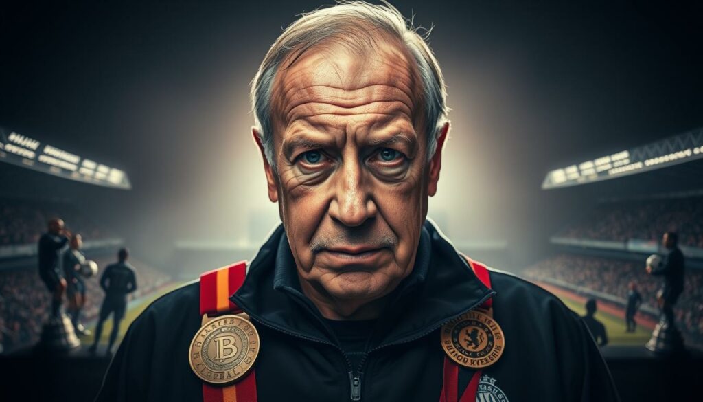 A mid-shot portrait of the legendary German football coach Hermann Gerland, known affectionately as the "Tiger", set against a backdrop of iconic football stadiums and trophies. Gerland's weathered face exudes a stoic determination, his eyes conveying the wisdom and experience earned through decades of shaping the careers of countless players. The lighting is dramatic, casting bold shadows that accentuate Gerland's rugged features. The composition places him centrally, surrounded by symbolic elements that represent his profound influence on the German game - a display of Bundesliga championship medals, the silhouettes of celebrated players, and the towering stands of renowned football arenas. An aura of reverence and respect emanates from the scene, honoring Gerland's immense contributions to the sport he has dedicated his life to.