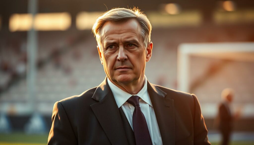 A middle-aged man in a sharp suit, Steffen Baumgart, stands confidently on a soccer pitch, his gaze focused and determined. The lighting is soft and warm, casting a golden glow over the scene. The background is blurred, drawing the viewer's attention to the coach's authoritative presence. Baumgart's expression conveys a sense of strategic planning, as if he is deeply immersed in the tactics of the game. The angle of the shot is slightly elevated, emphasizing his leadership and command over the field. The overall mood is one of intensity and professionalism, reflecting Baumgart's pivotal role in the player's potential transfer.