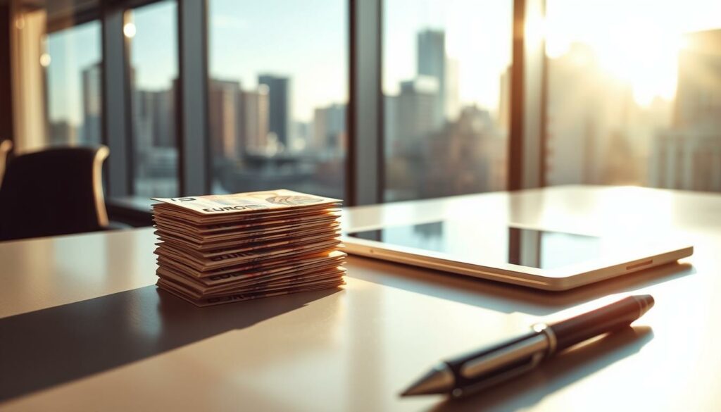 A neatly stacked pile of euro banknotes sits atop a sleek, modern desk, casting soft shadows under the warm, diffused lighting. In the background, a city skyline shimmers through expansive floor-to-ceiling windows, hinting at the high-stakes financial district. A pen and a tablet, symbolizing the analytical process, are positioned nearby, suggesting the careful consideration of the financial aspects involved in a transfer. The overall scene conveys a sense of professionalism, attention to detail, and the gravity of the financial decisions at hand.
