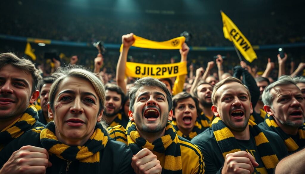 A passionate crowd of BVB fans, their faces a tapestry of raw emotion - grief, outrage, and reverence - as they bid farewell to the beloved club icon, Marco Reus. In the foreground, tear-stained cheeks and clenched fists convey the depth of their sorrow, while in the middle ground, supporters raise banners and scarves in a final, defiant salute. The background is a sea of black and yellow, the team's colors, casting a somber yet vibrant glow over the scene. The lighting is dramatic, with shadows and highlights accentuating the intensity of the moment, as if captured by a skilled photojournalist's lens. This image encapsulates the raw, visceral emotions that accompany the departure of a true BVB legend.