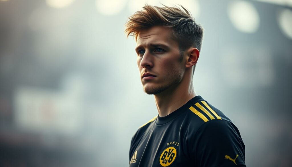 A pensive Marco Reus, the iconic BVB player, stands amidst a hazy, introspective setting. Soft lighting bathes his face, casting a contemplative glow as he gazes into the distance, considering his Zukunft, or future. The background is subtly blurred, allowing the viewer to focus on Reus' expression, which conveys a mix of determination and uncertainty. The overall mood is one of thoughtful reflection, capturing the essence of the section title "Karriereende oder Neuanfang? Reus' Zukunft nach dem BVB". The image should evoke a sense of the player's personal journey and the crossroads he faces, without distracting elements.