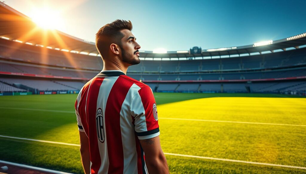 A photorealistic image of Theo Hernández, the renowned AC Milan defender, standing confidently on the lush, green pitch of the Al-Hilal stadium in Saudi Arabia. The sun casts a warm, golden glow over the scene, highlighting Hernández's muscular frame and focused expression as he surveys his new surroundings. The iconic Al-Hilal crest is prominently displayed on the players' jerseys, signifying Hernández's recent transfer. The image captures the anticipation and challenges that lie ahead as the talented footballer embarks on this new chapter of his career in the Arabian Gulf.