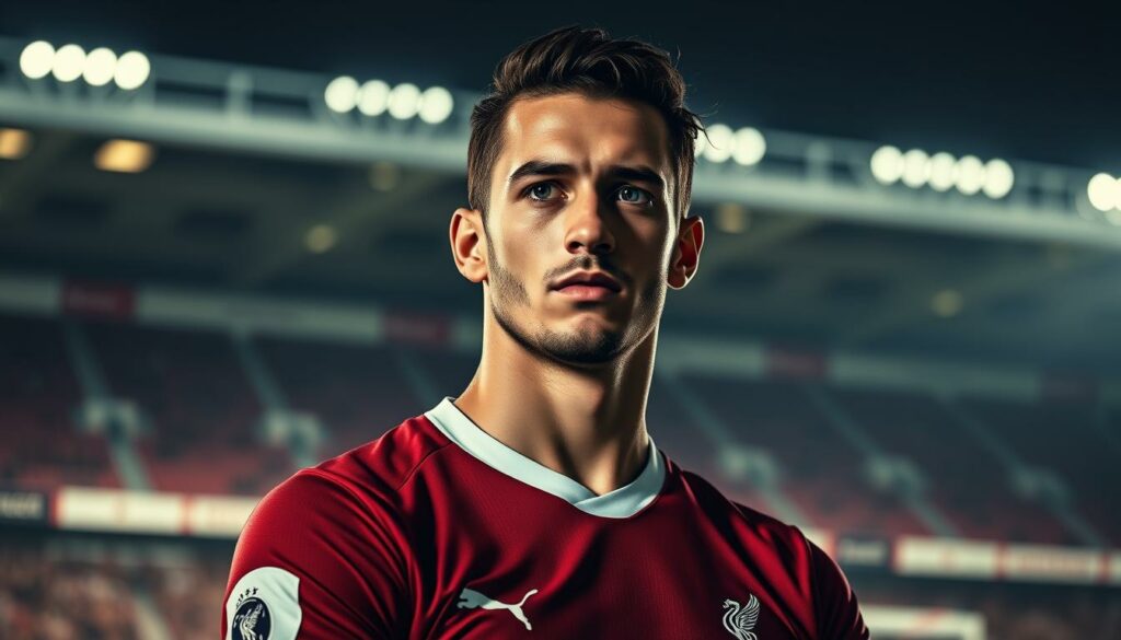 A photorealistic portrait of Diogo Jota, the Liverpool football star, in a contemplative pose against a blurred sports stadium backdrop. Dramatic lighting casts strong shadows, highlighting the player's focused expression and determined gaze. The image conveys a sense of Jota's career accomplishments and the weight of his legacy. The composition is balanced, with Jota positioned in the middle ground, the stadium fading into the distance. The overall mood is somber and reflective, befitting the article's subject matter.
