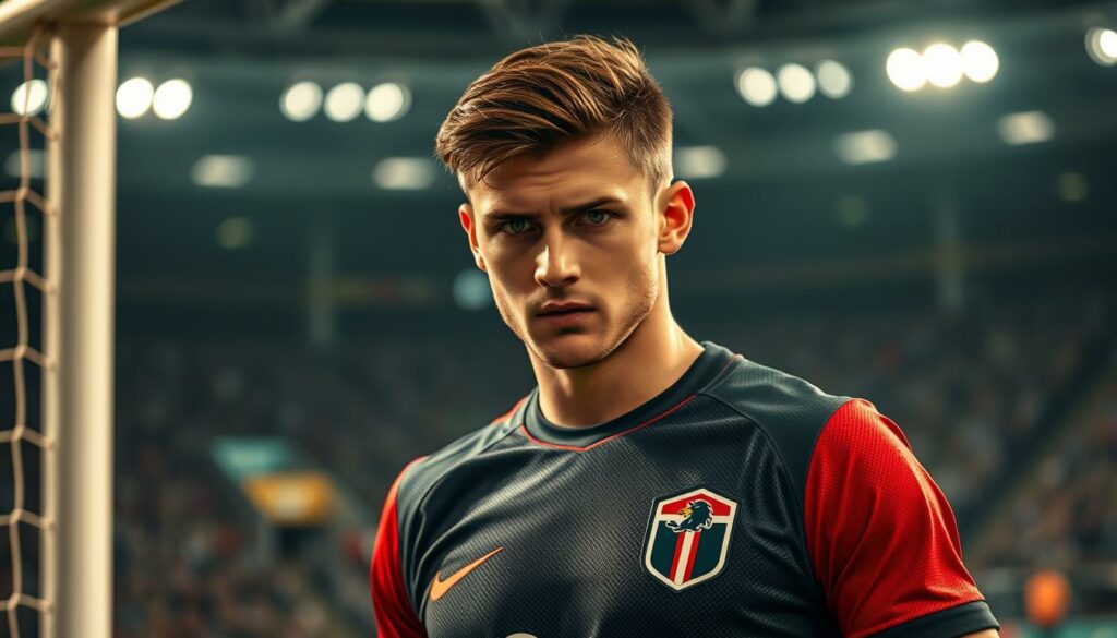 A portrait of Daniel Peretz, the young German goalkeeper, standing tall and confident in his HSV uniform. Crisp, well-lit shot from a low angle, highlighting his imposing presence between the posts. Piercing gaze, steely determination in his eyes as he scans the field, ready to make a game-changing save. Textured jersey and shorts, subtle HSV crest and logos. Blurred background of the stadium, fans in the stands, creating a sense of focus and intensity. Moody, cinematic lighting casts dramatic shadows, adding depth and drama to the scene. An up-and-coming talent, poised to make his mark on the Bundesliga.