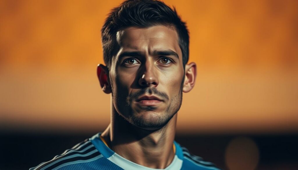 A portrait of Nicolas Capaldo, the 26-year-old Argentine midfielder. Set against a warm, softly blurred background, Capaldo's face is captured in crisp detail, his gaze conveying a sense of focused determination. Dramatic side lighting accentuates the defined features of his face, creating a chiaroscuro effect that lends an air of intensity to the image. The composition is carefully balanced, placing Capaldo slightly off-center to create a dynamic, asymmetrical frame. The overall mood is one of intensity and concentration, reflecting the player's dedication and passion for the game.
